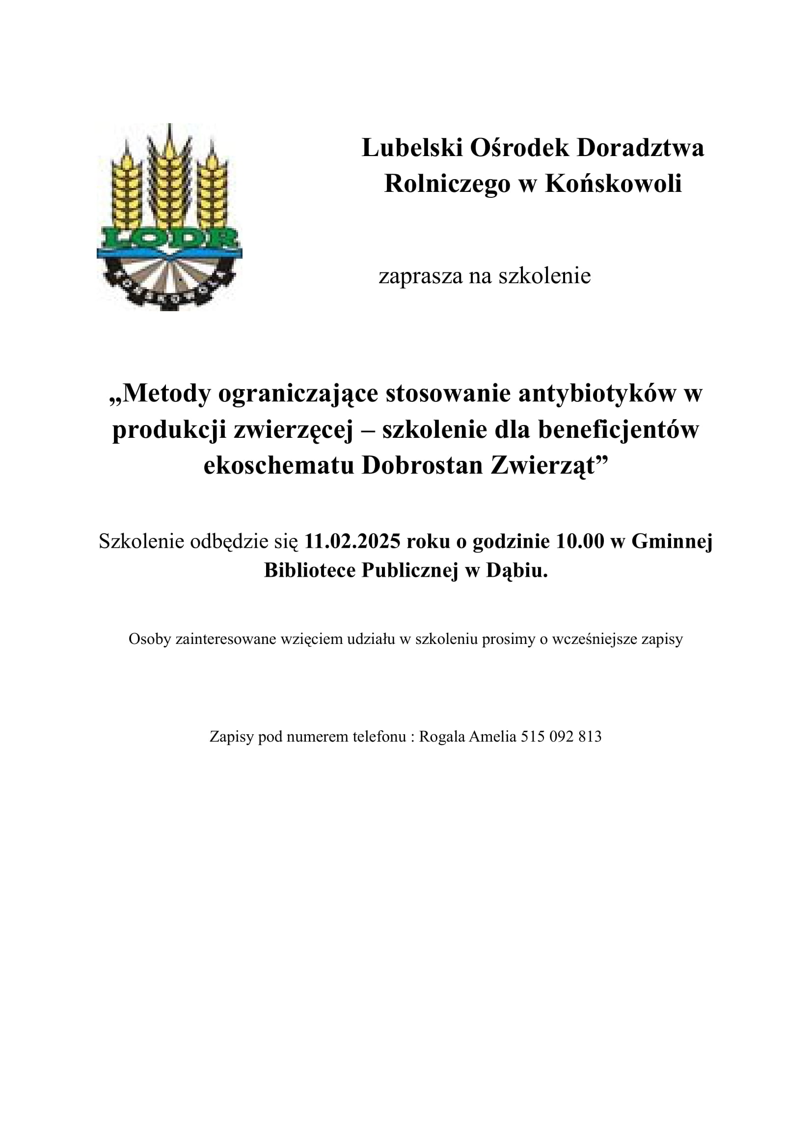 Szkolenie dla beneficjentów ekoschematu Dobrostan Zwierząt „Metody ograniczania antybiotyków w produkcji zwierzęcej”