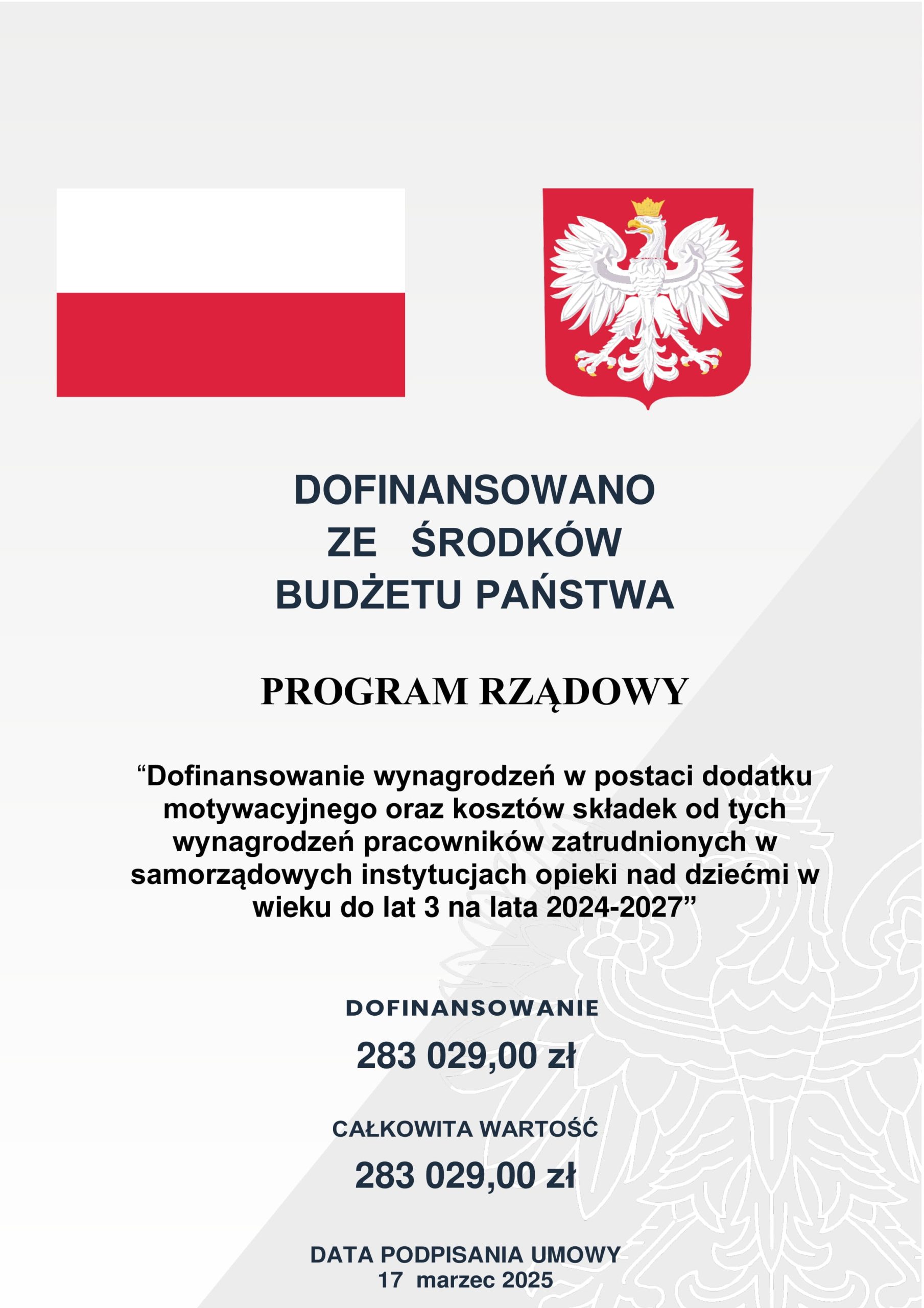 Program „Dofinansowanie wynagrodzeń w postaci dodatku motywacyjnego oraz kosztów składek od tych wynagrodzeń pracowników zatrudnionych w samorządowych instytucjach opieki nad dziećmi w wieku do lat 3 na  lata 2024-2027”