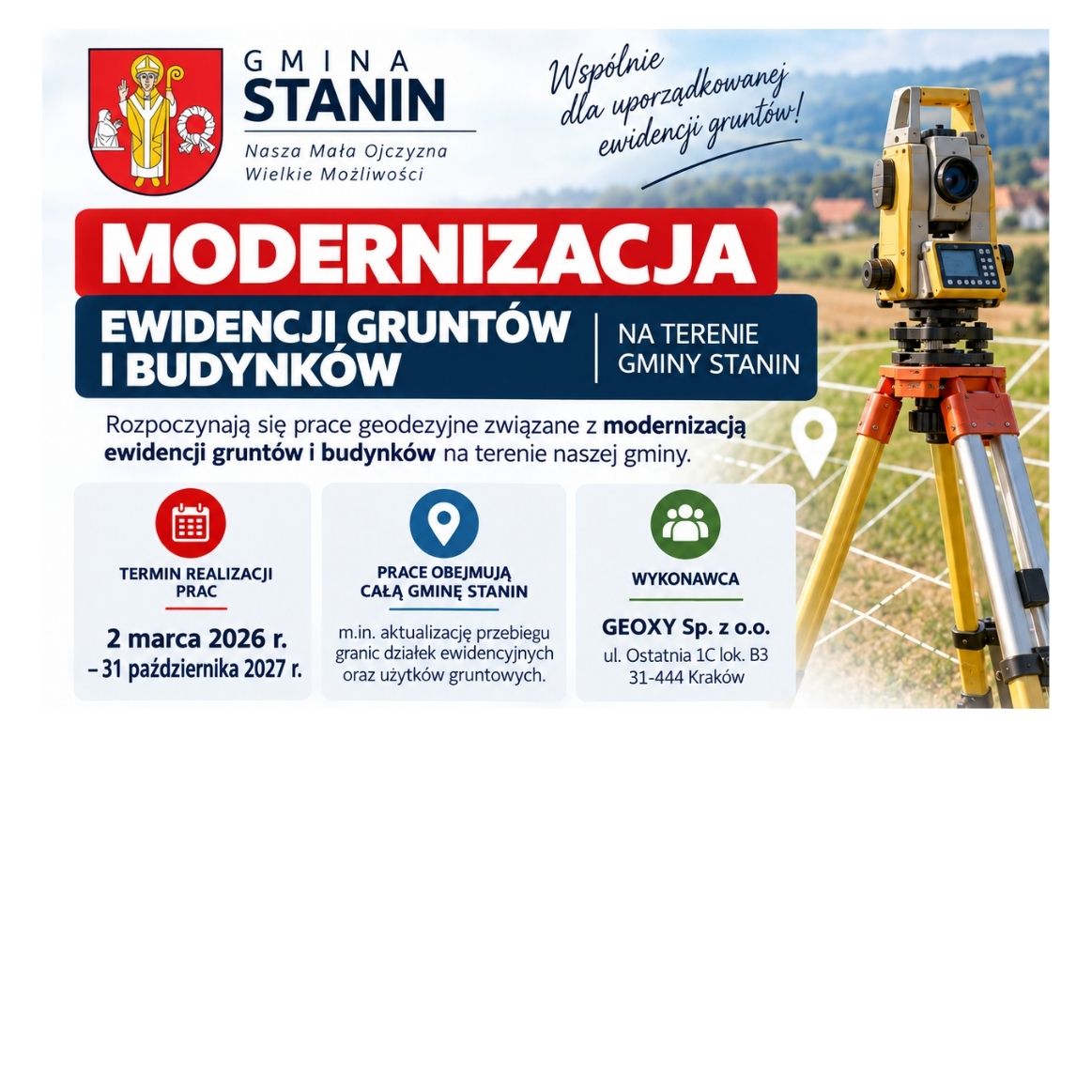 Modernizacja ewidencji gruntów – Ogłoszenie, Terminy spotkań, Dokumenty do pobrania